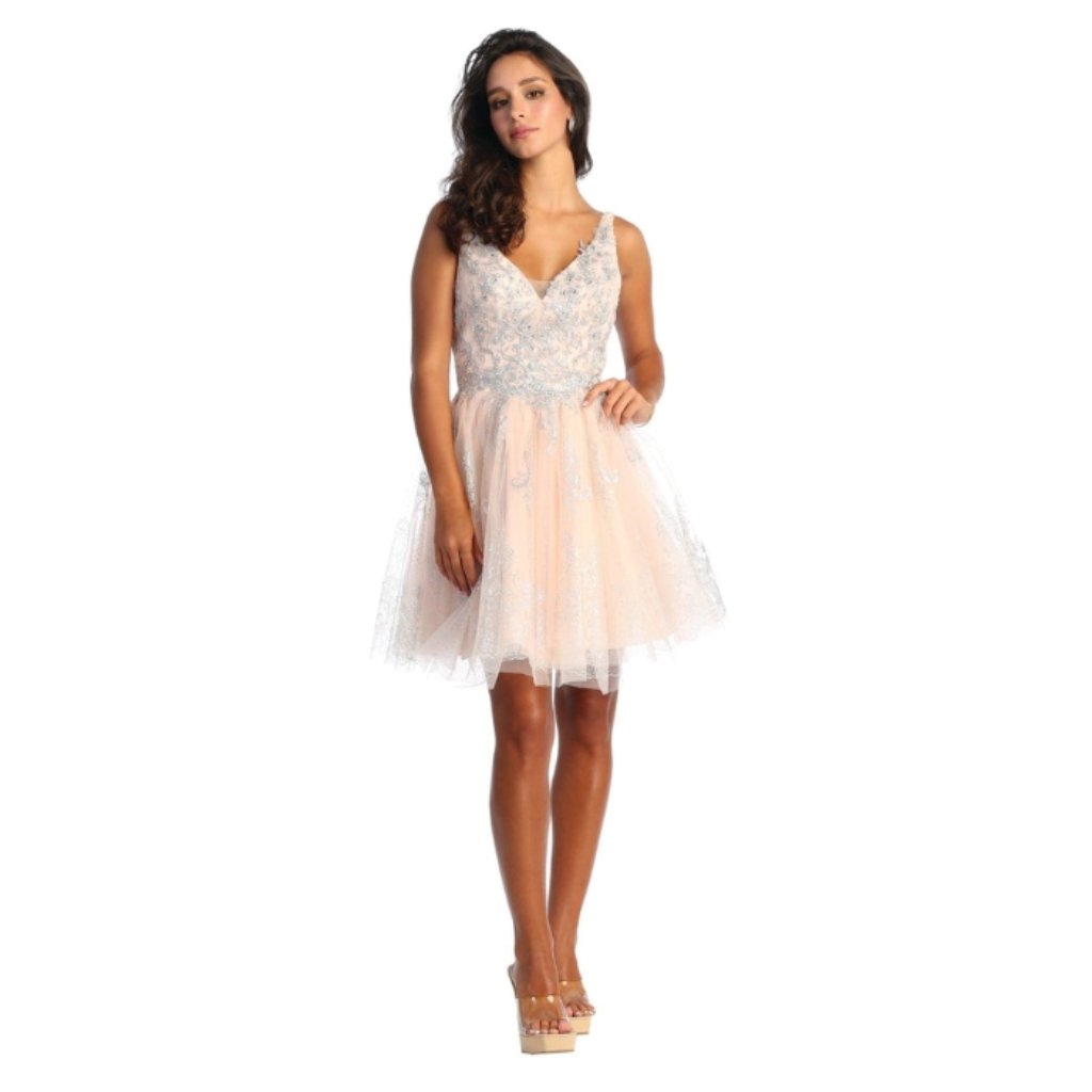 Blush/Silver Homecoming Short V-Neck Sleeveless A-Line Dress By May Queen Mq1817